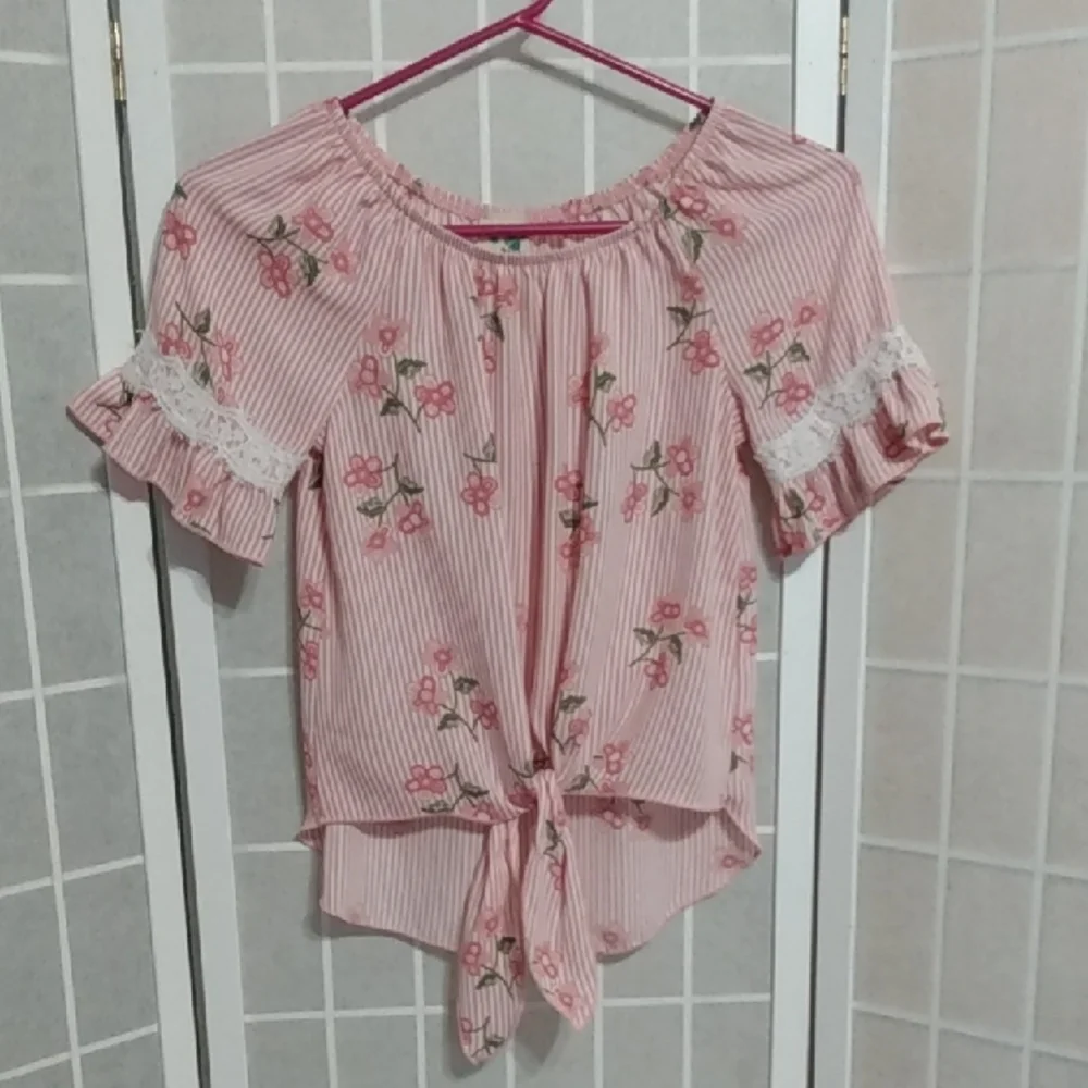 Lily Bleu Girls Pink‎ Stripe Floral Tie Front Top Size L 14